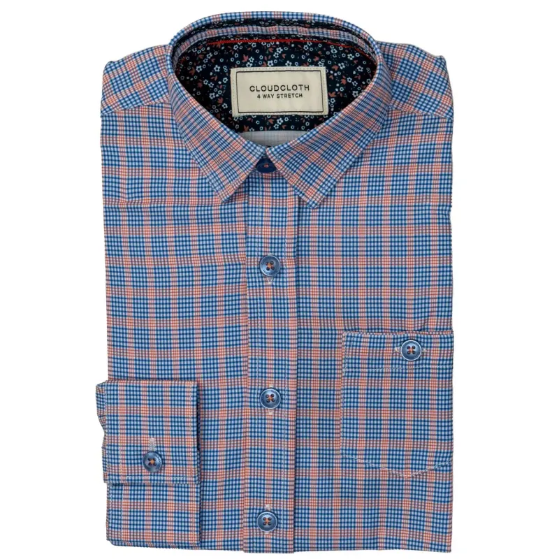 SHIRT ORANGE & BLUE PLAID 4 WAY STRETCH GINGHAM PRINT CLOUDCLOTH / SH9819