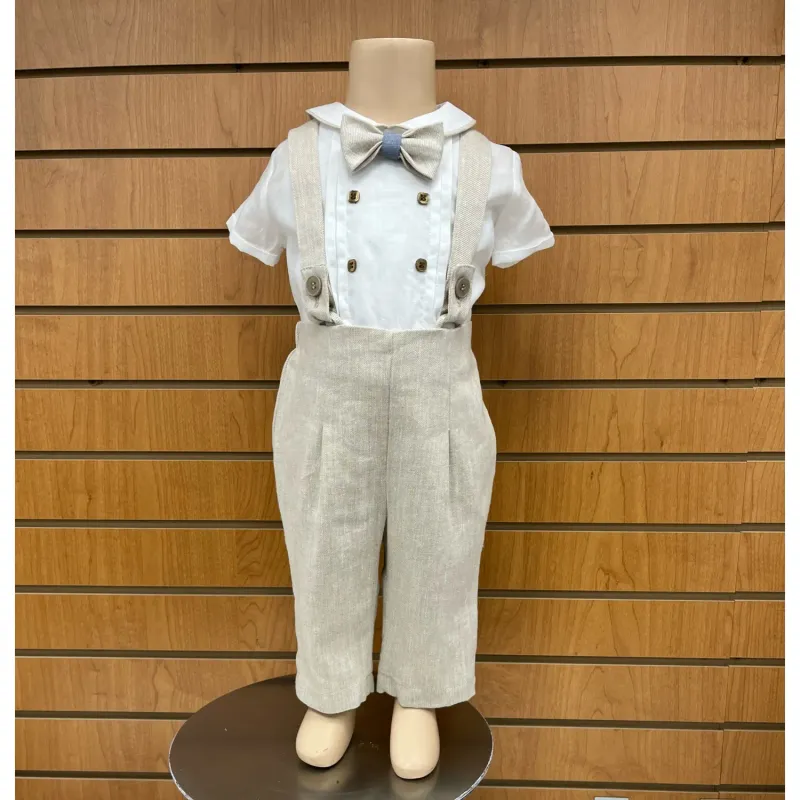 2PC SHIRT / ONZIE & PANT SET CREAM A & BEIGE WITH SUSPENDERS / E2845-BE