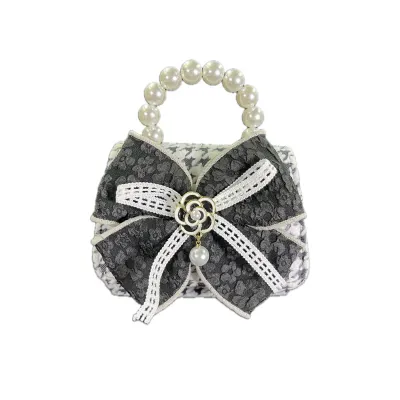 PURSE BLACK & WHITE TWEED BLACK BOW PEARL HANDLE / PS-32156