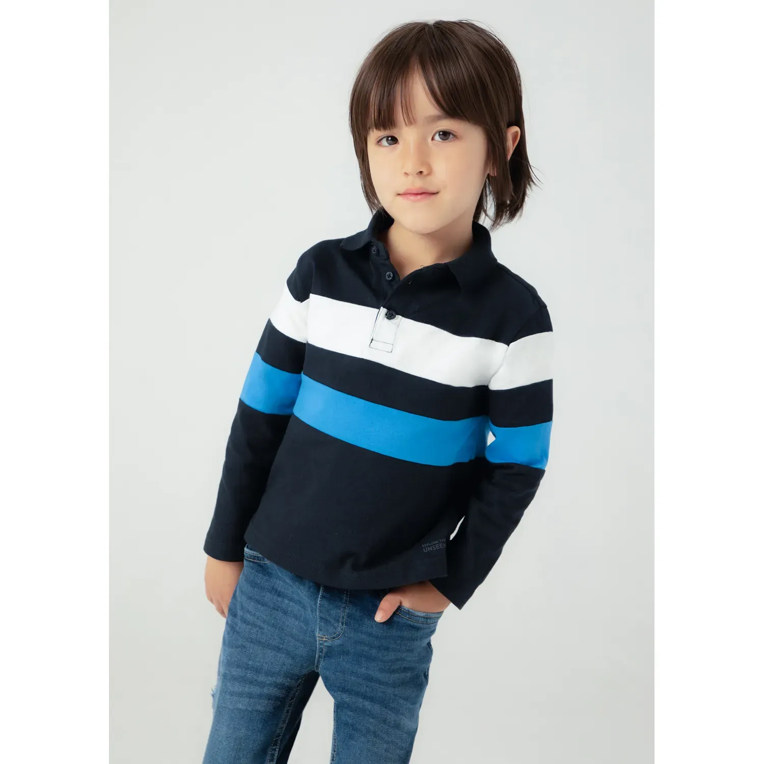 BLUE BLACK STRIPED POLO TOP LONG SLEEVE / 4103-072