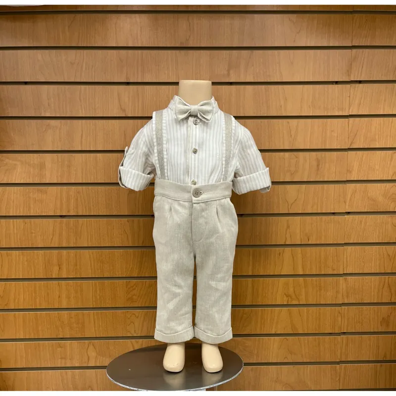 3PC PANT SHIRT & BOWTIE BEIGE LINEN-STRIPED WITH SUSPENDERS / E2842-BE