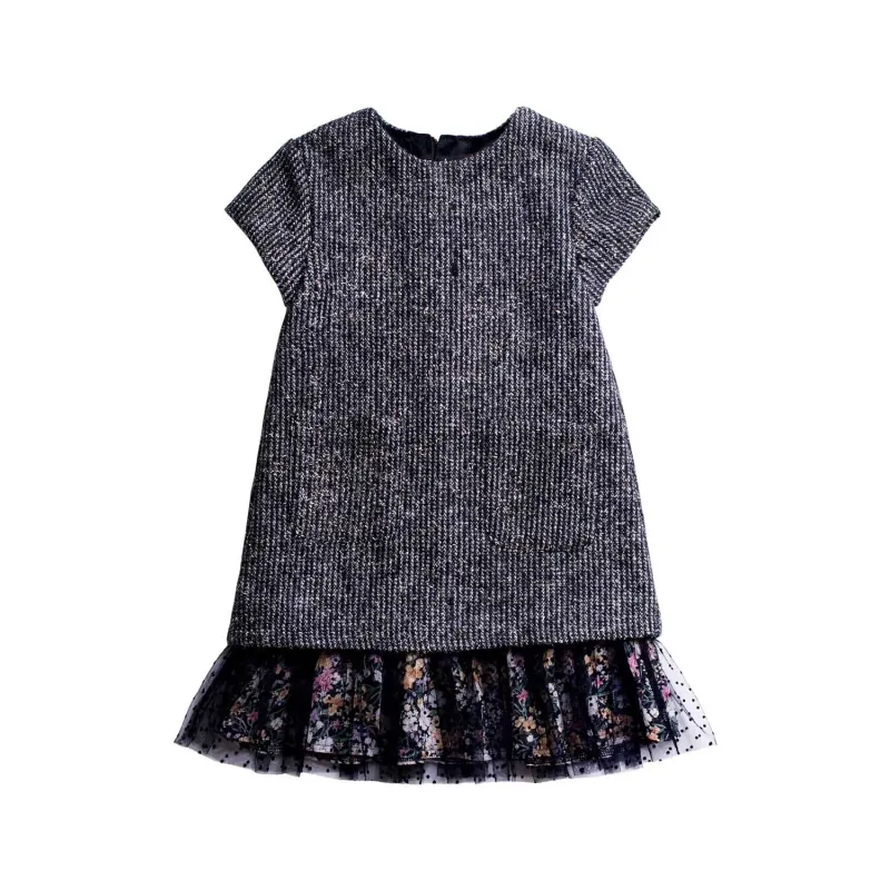 DRESS BLACK WOVEN GOLD THREAD FLORAL CHIFFON HEM / SARA
