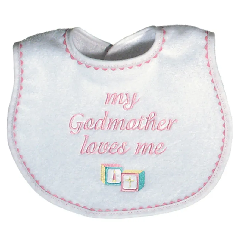 BIB WHITE PINK TRIM MY GODMOTHER LOVES ME / 6691