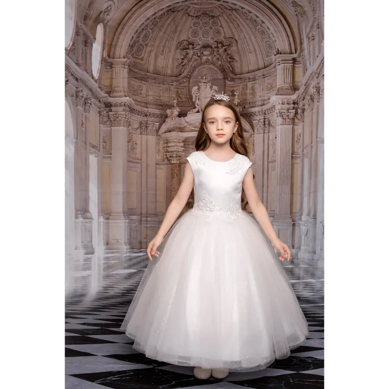 GOWN OFF WHITE TULLE WITH SEQUIN UNDERSKIRT PEARL LACE AT WAIST & SHOULDER / Z23084