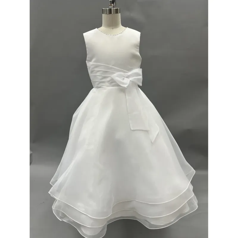 DRESS WHITE TEA LENGTH LAYERED CHIFFON BOW TRIM / 121306