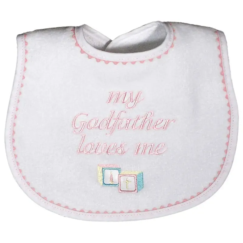 BIB WHITE PINK TRIM MY GODFATHER LOVES ME EMBRODIERY