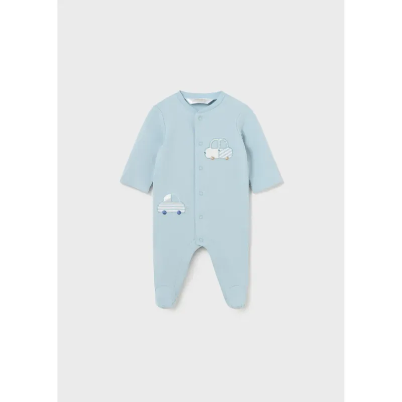 ROMPER TEAL BLUE FRONT CLOSURE 2 CAR APPLIQUE / 1726-041
