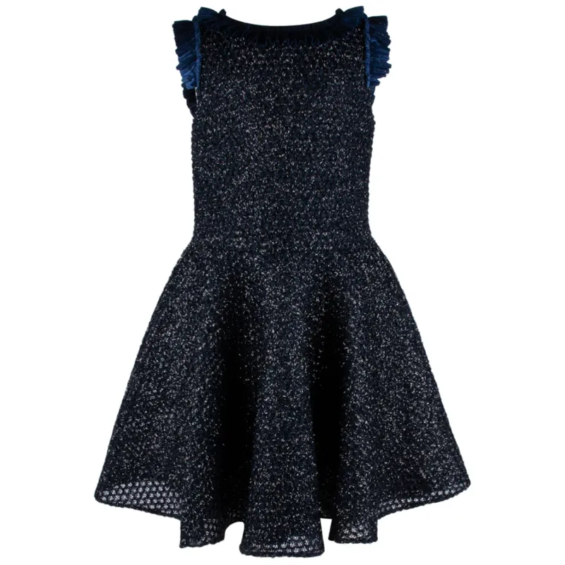 DRESS NAVY NETTING SILVER SPARKLE RUFFLE NECKLINE TRIM / 5109A