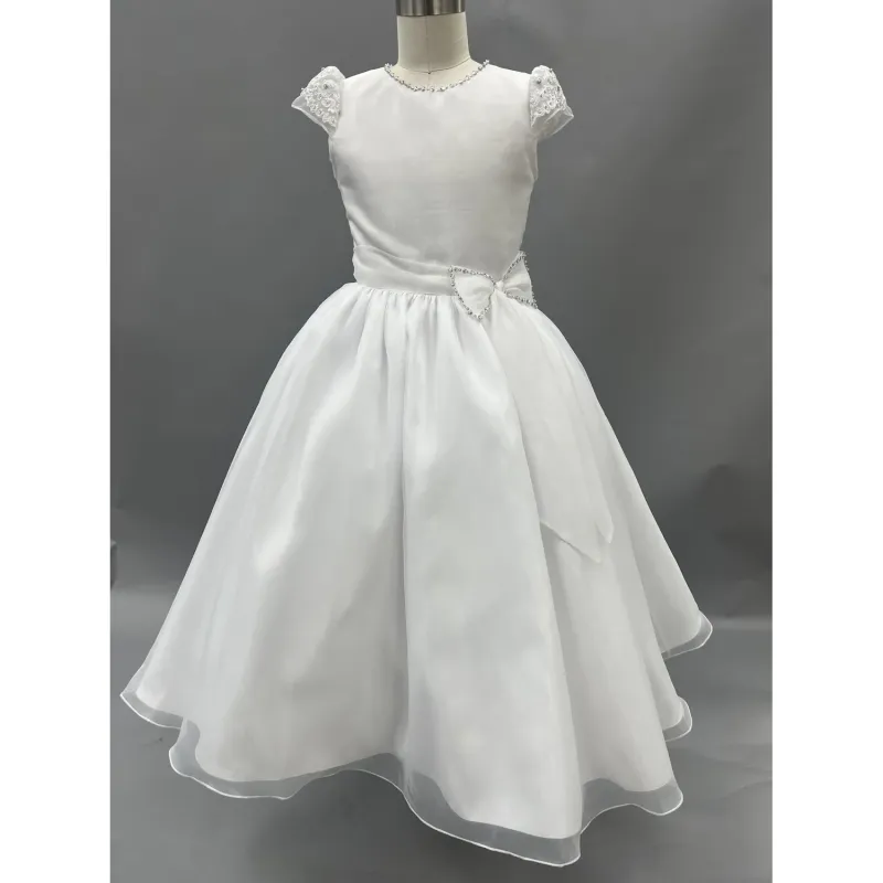DRESS WHITE TEA LENGTH SATIN & ORGANZA SKIRT BOW & CAP SLEEVE RHINESTONE TRIM / 123308