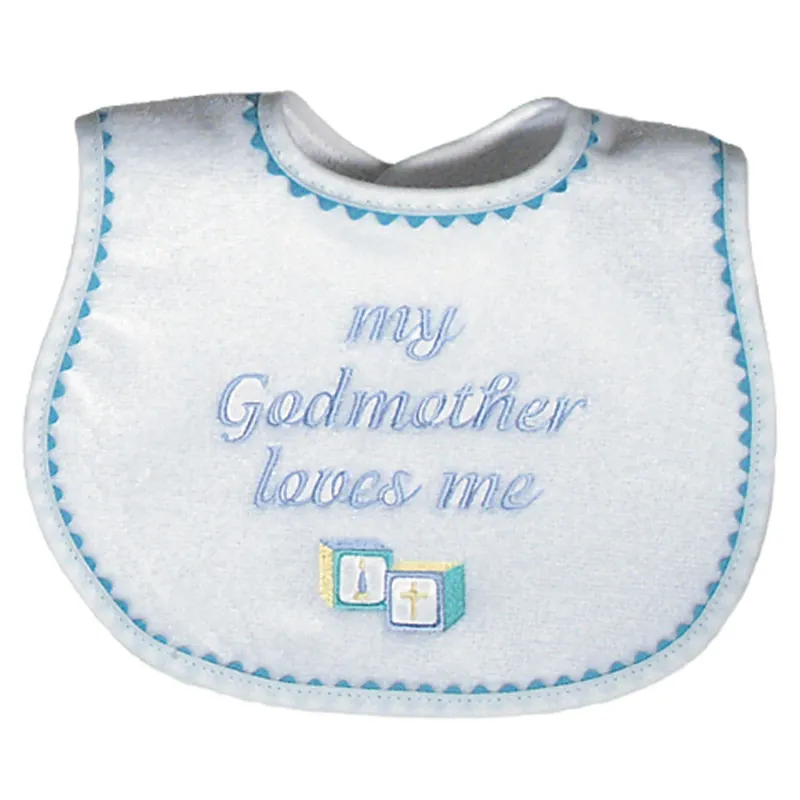 BIB WHITE TERRY BLUE TRIM MY GODMOTHER LOVES ME / 6691