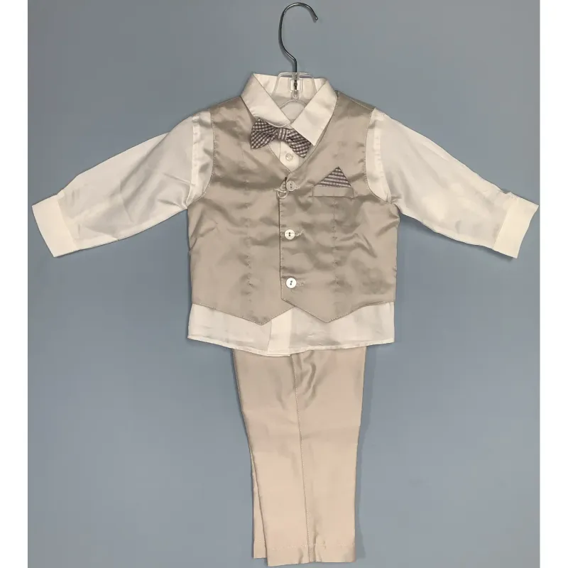 4PC VEST SET BEIGE & WHITE SHIRT CHECK BOWTIE & PUFF / M30661G