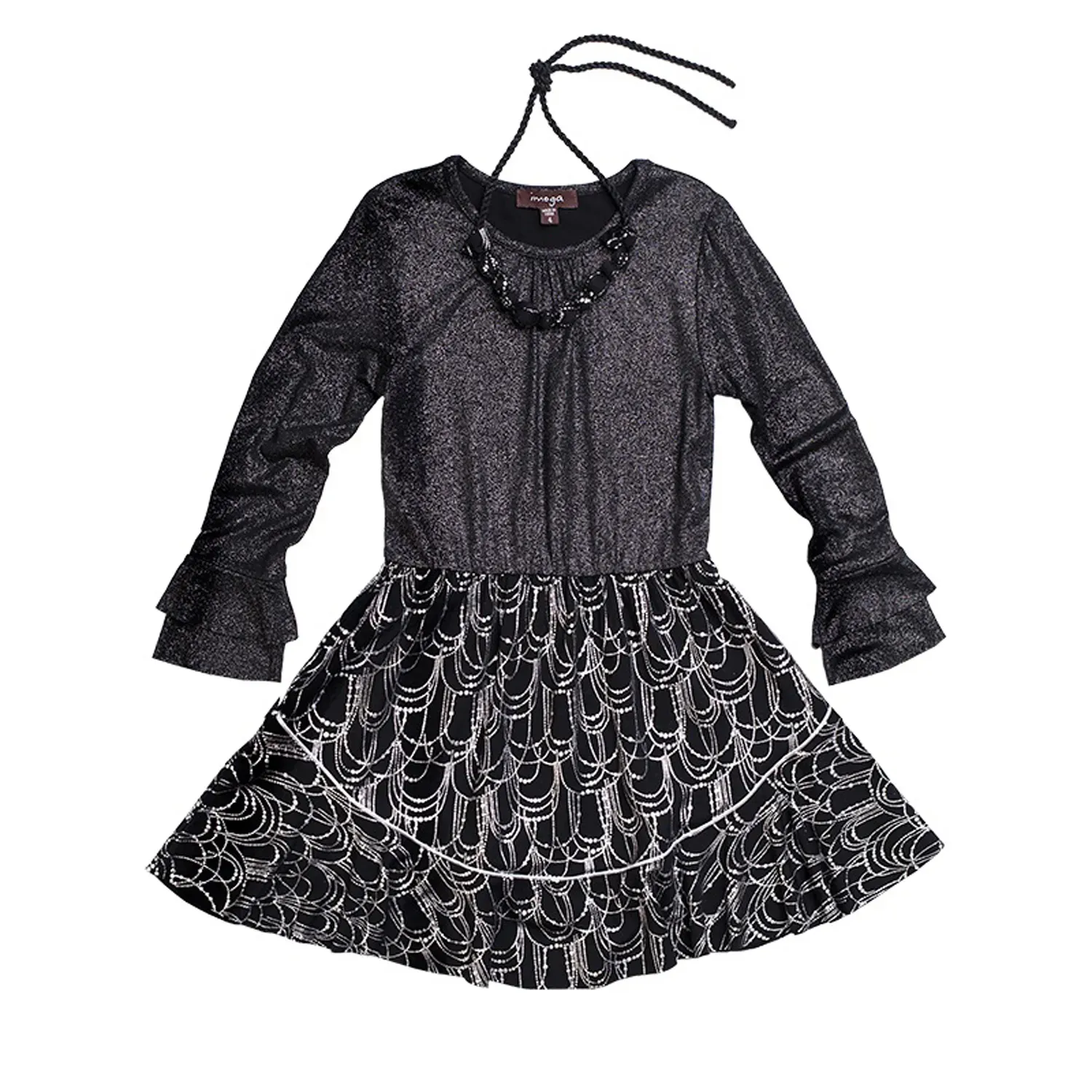 DRESS & NECKLACE BLACK SILVER PRINT SKIRT BELL SL / PEGGY