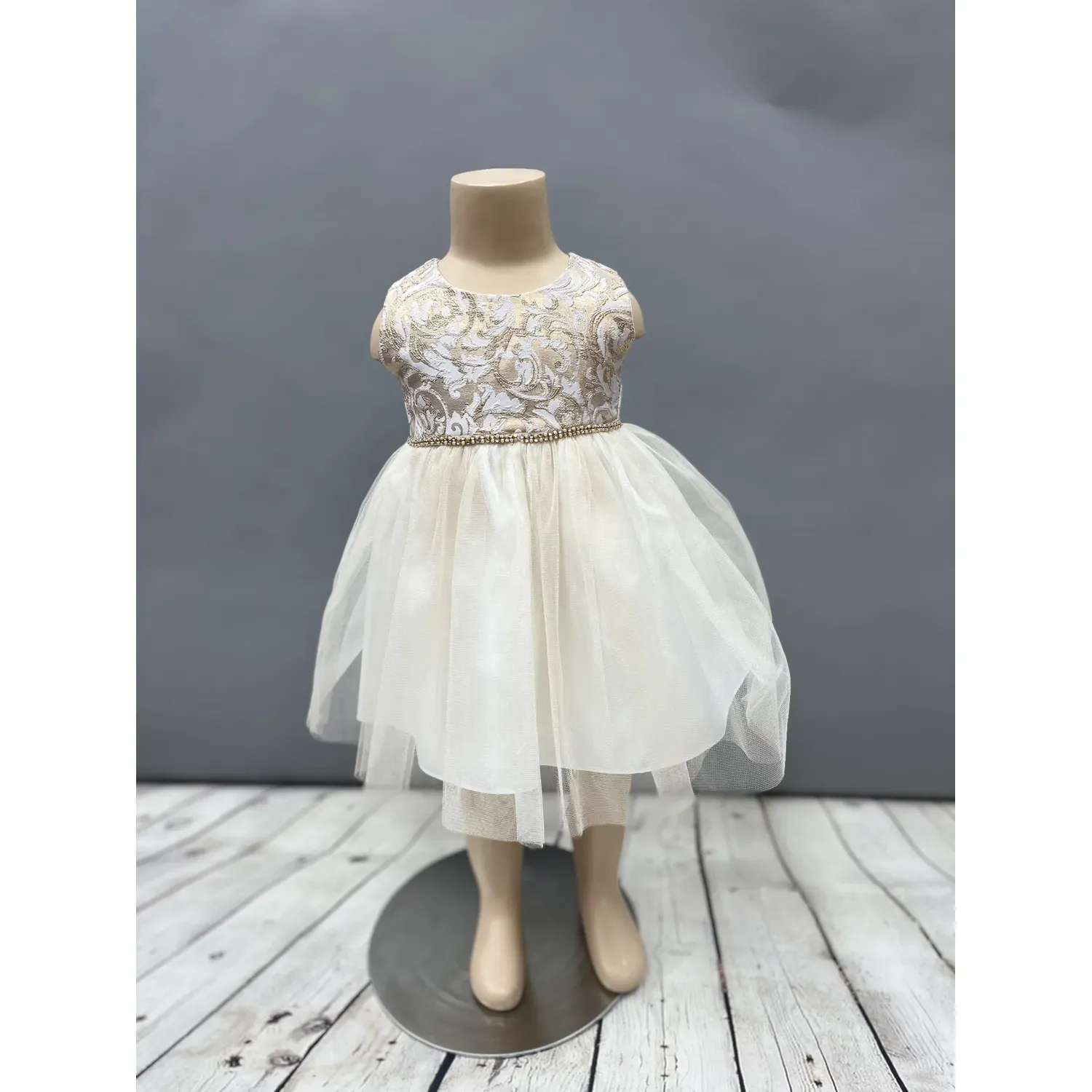 DRESS IVORY & GOLD EMBOSSED BODICE IVORY TULLE SKIRT BEADED BELT / SKB805