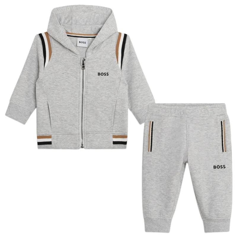 2PC TRACK SUIT LIGHT GREY HOODED STRIPED TRIM / J50630-A32