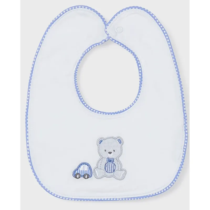 BIB WHITE GREY TEDDY BEAR APPLIQUE BLUE TRIM / 9261-085