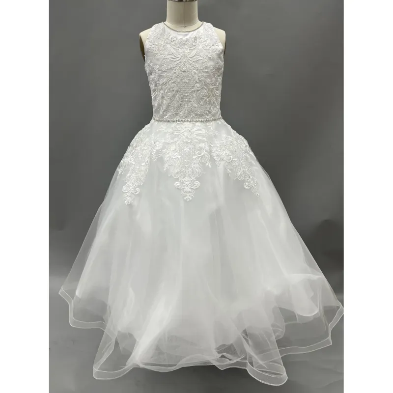 DRESS WHITE EMBROIDERED LACE LACE BODICE RHINESTONE BELT & TRIM / 1986