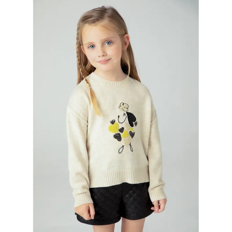 BEIGE KNIT SWEATER SEQUIN HEART APPLIQUE / 4359-021