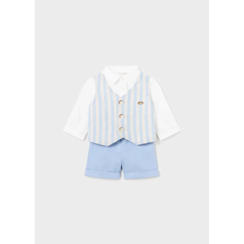 2PC SHORT SET WHITE SHIRT BLUE SHORTS STRIPED IMITATION VEST / 1220-061