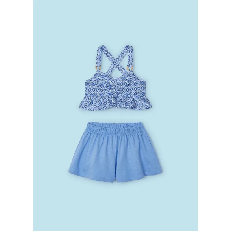2PC SHORT SET BLUE SHORT PRINTED CROP TOP / 3265-067