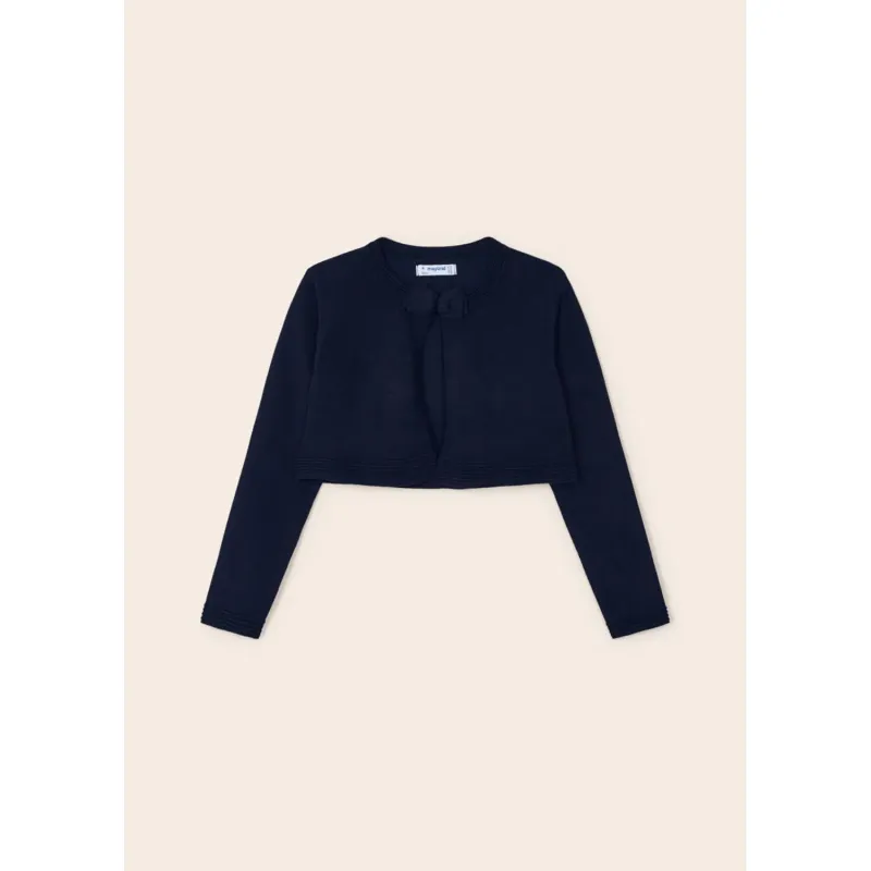 BOLERO CARDIGAN NAVY BOW CLOSURE RIBBED EDGE TRIM / 321-078