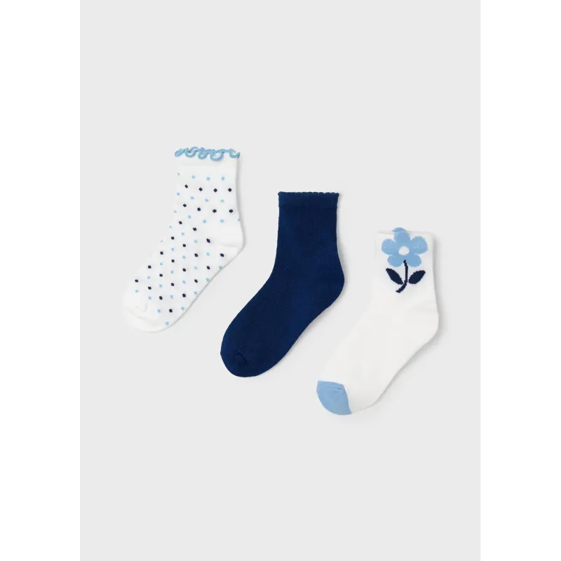 3PACK SOCK SET INK BLUE-WHITE FLORAL PRINT WHITE DOT PRINT / 10712-017