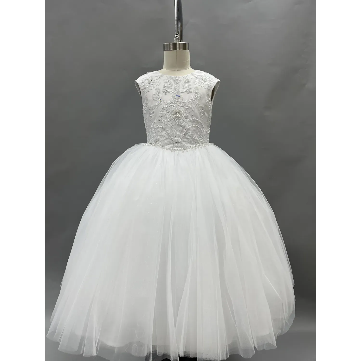 DRESS PURE WHITE LACE BODICE WITH PEARL & SEQUINS V SHAPED WAISTBAND WITH RHINESTONES & JEWEL TRIM BOW BACK / Z23146