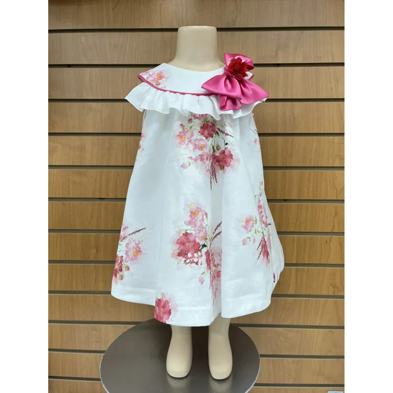 DRESS WHITE LINEN FUSCHIA BOW PIN TRIM & FLOWER PRINT SLEEVELESS / H2873