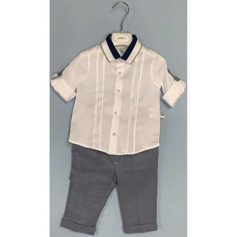 2 PC SHIRT & PANT WHITE & BLUE WITH SUSPENDERS KNIT COLLAR / D2333