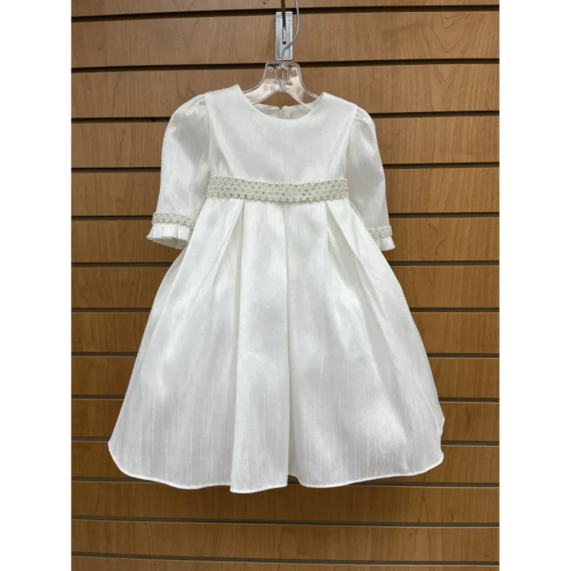 DRESS IVORY BOX PLEATS PEARL & RHINESTONE TRIM WAIST & SLEEVE / TBD332
