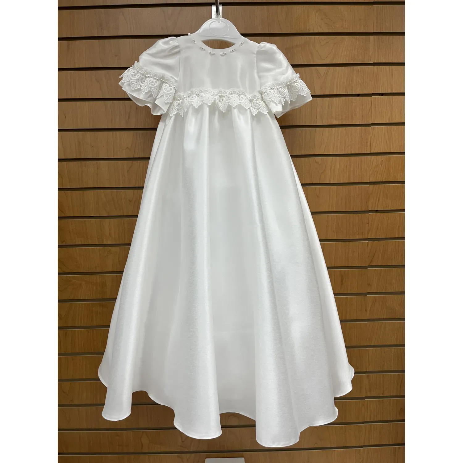 BAPTISM GOWN OFF WHITE LACE & PEARL TRIM DD / 1002