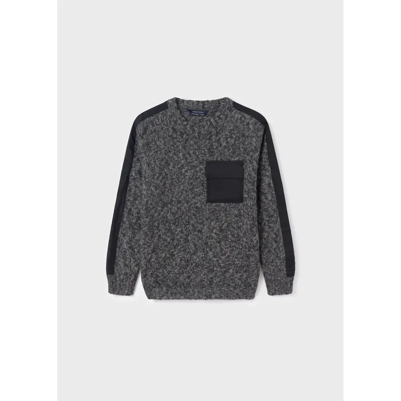 KNIT PULLOVER BLACK CABLESTITCH & POCKET / 7384-030