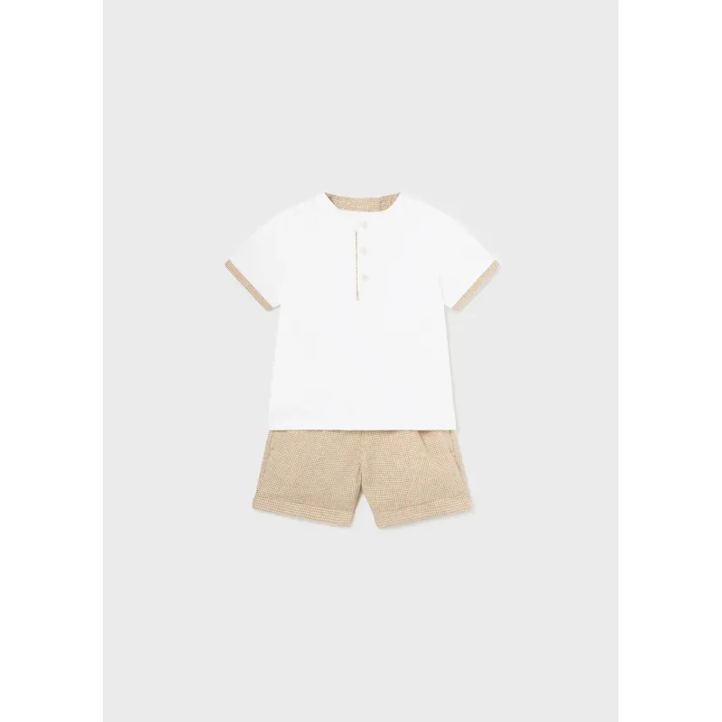 2PC POLO SHORT SET WHITE TOP MAO COLLAR SAND CHECK SHORT / 1245-058