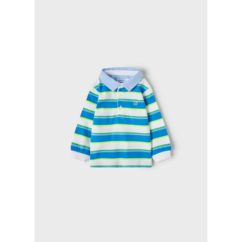 POLO TOP WHITE & BLUE STRIPE CHAMBRAY COLLAR SHORT SLEEVE / 1111