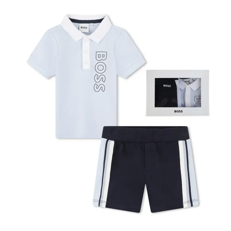 2PC POLO TOP & SHORTS LIGHT BLUE & NAVY WHITE COLLAR BOSS LOGO / J50785-771