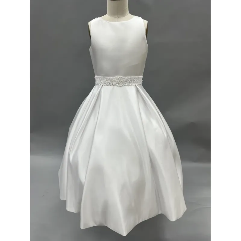 DRESS WHITE TEA LENGTH SATIN BOX PLEATS LACE WAISTBAND & BACK BODICE / 124410