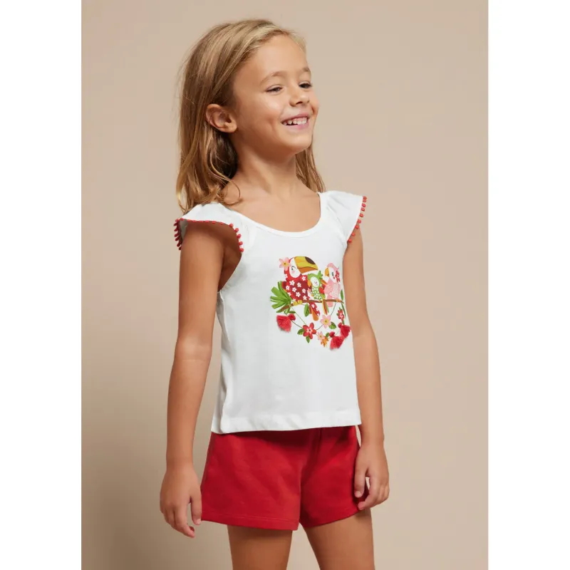 2 PC SHORT SET WHITE TOP RED SHORTS PARROT PRINT / 3261-010