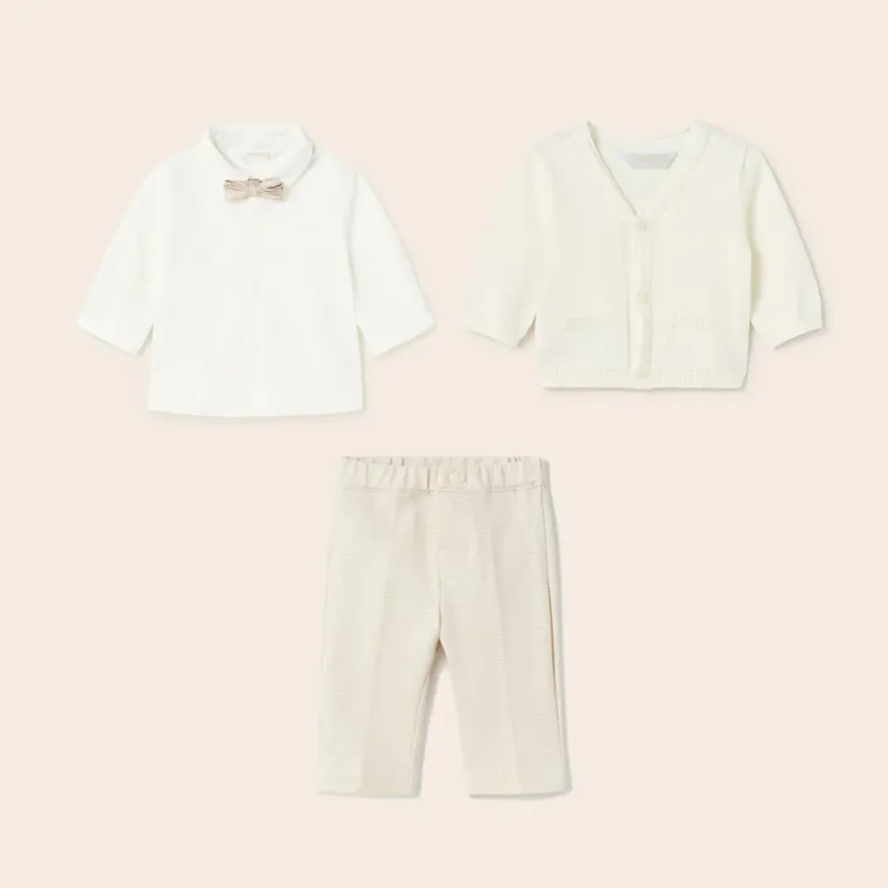 3 PC BEIGE & WHITE CARDIGAN SHIRT & PANT &BOWTIE / 1190-1363-1511-47