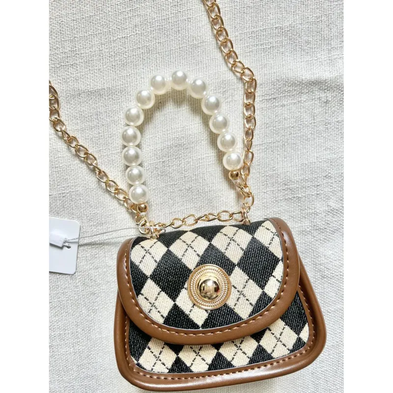 PURSE BROWN LEATHER BLACK& BEIGE DIAMOND PRINT / PS-321065
