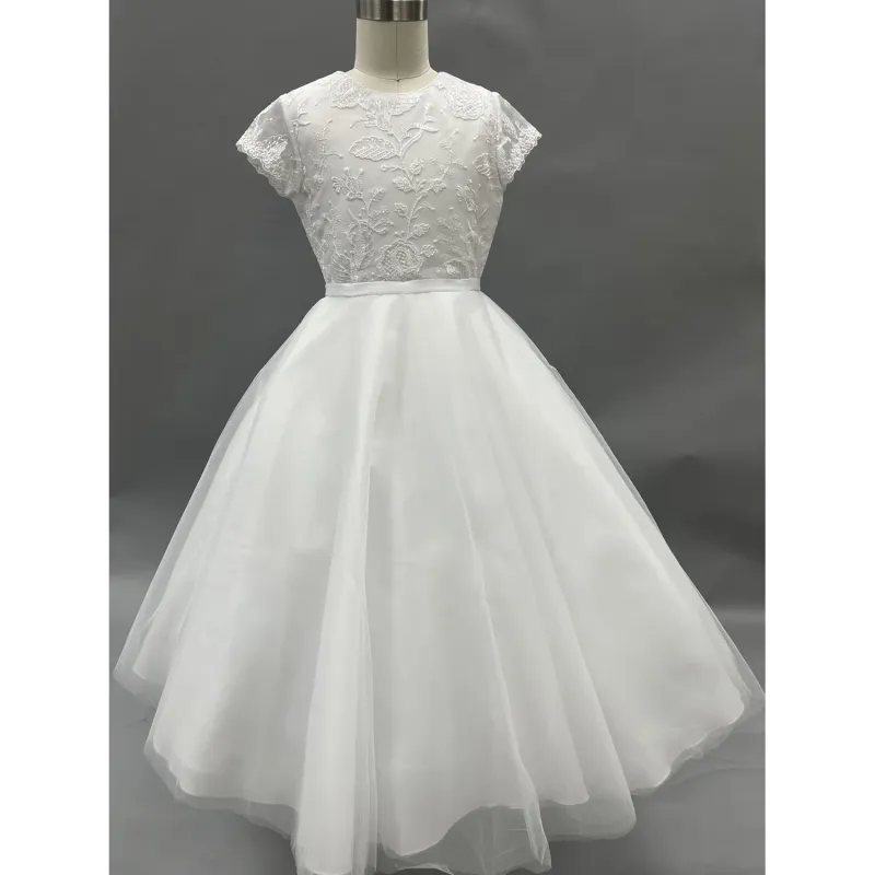 DRESS WHITE TEA LENGTH LACE BODICE TULLE SKIRT / 124409