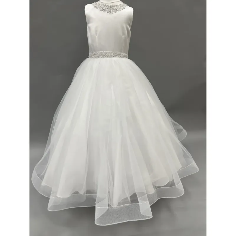 GOWN WHITE SATIN BODICE TULLE SKIRT BEADED WAISTBAND & NECKLINE / FG1906