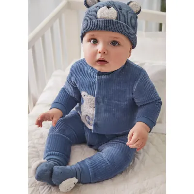 MID BLUE CORDOROY ROMPER FRONT CLOSURE BEAR APPLIQUE / 2795-074