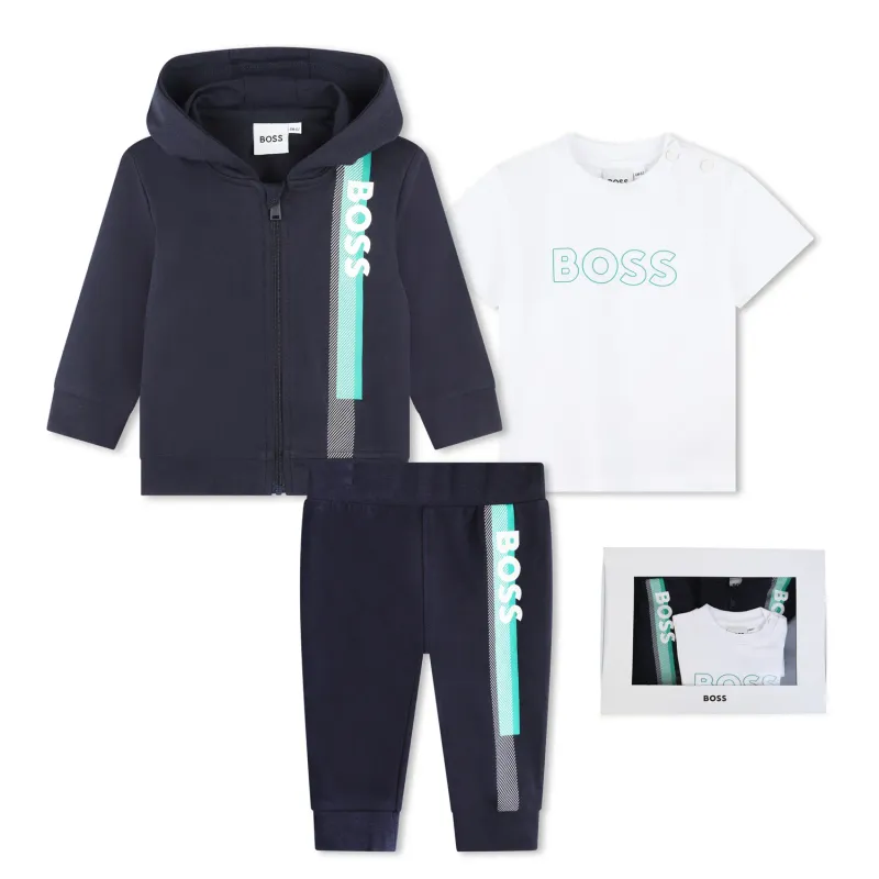 3PC JOGGING SET NAVY WHITE TSHIRT HOODED GREEN SIDESRIPE / J50784-849