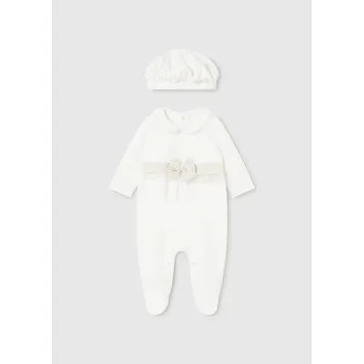 2PC CREAM VELOUR SLEEPER & HAT GOLD BOW TRIM / 2782-010