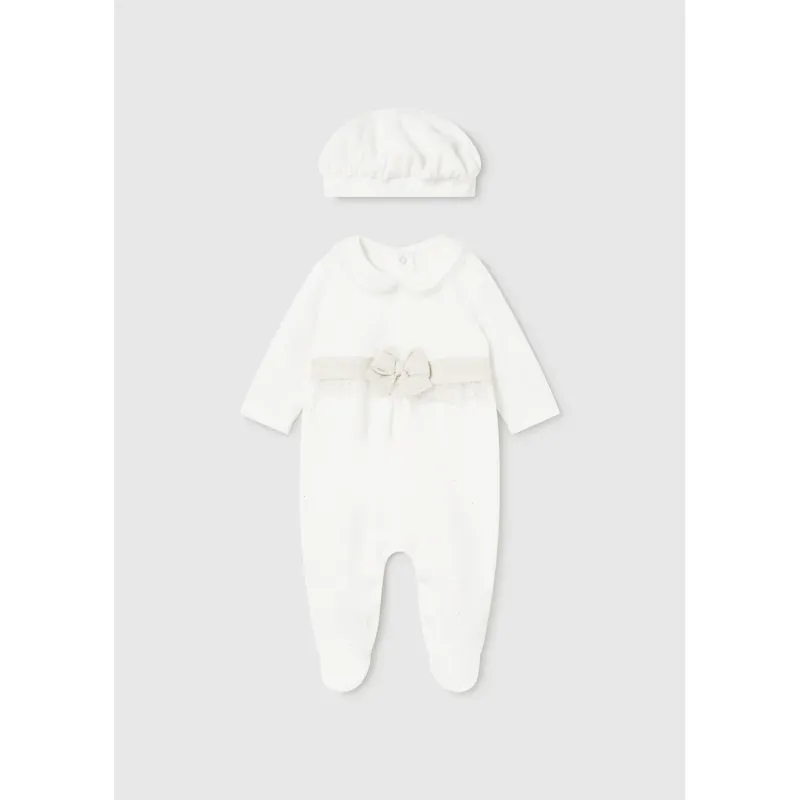 2PC CREAM VELOUR SLEEPER & HAT GOLD BOW TRIM / 2782-010