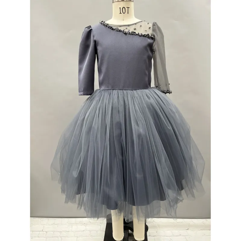 DRESS BELT SMOKE GREY SATIN & TULLE SLEEVES PEARL TRIM / 2822