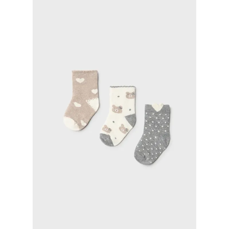 3PC SOCK SET CREAM GREY & BROWN ASSORTED PRINTS / 10526-093
