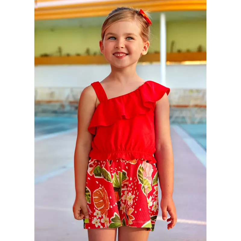 2PC CREPE SHORT SET RED CROP TOP FLORAL PRINT SHORT / 62-016