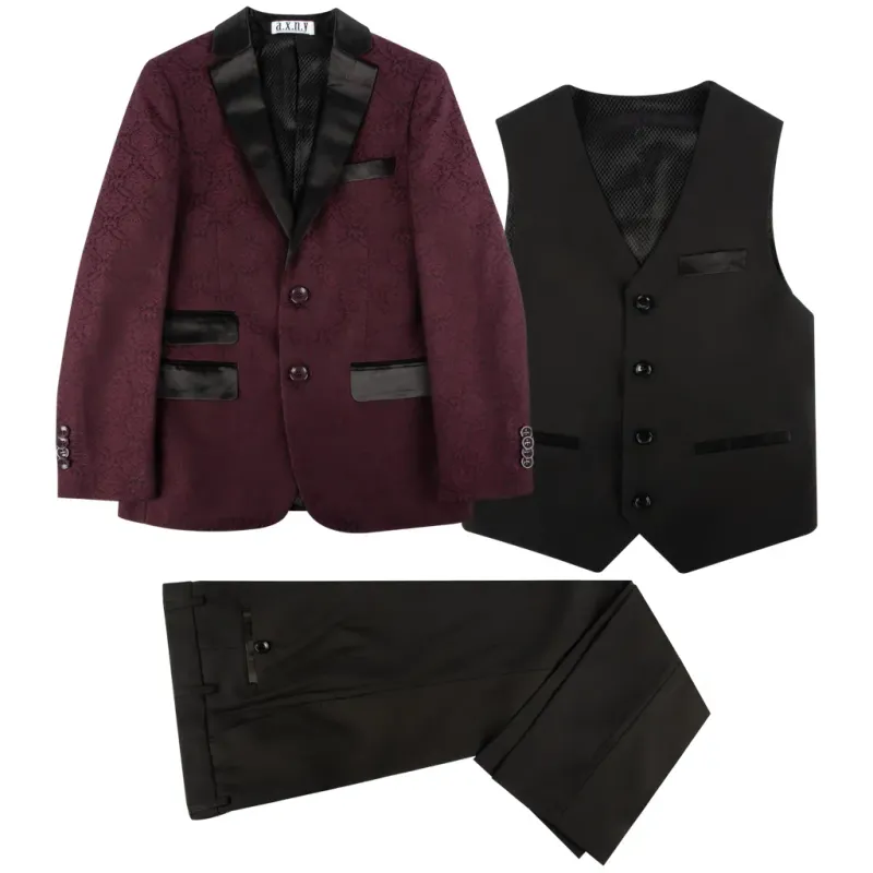 SUIT BURGUNDY BLACK LAPELS VE