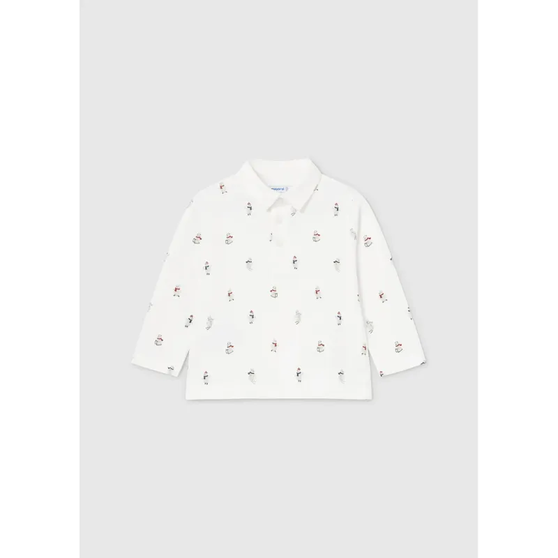 CREAM PRINTED POLO TOP LONG SLEEVE BEAR PRINT / 2182-038
