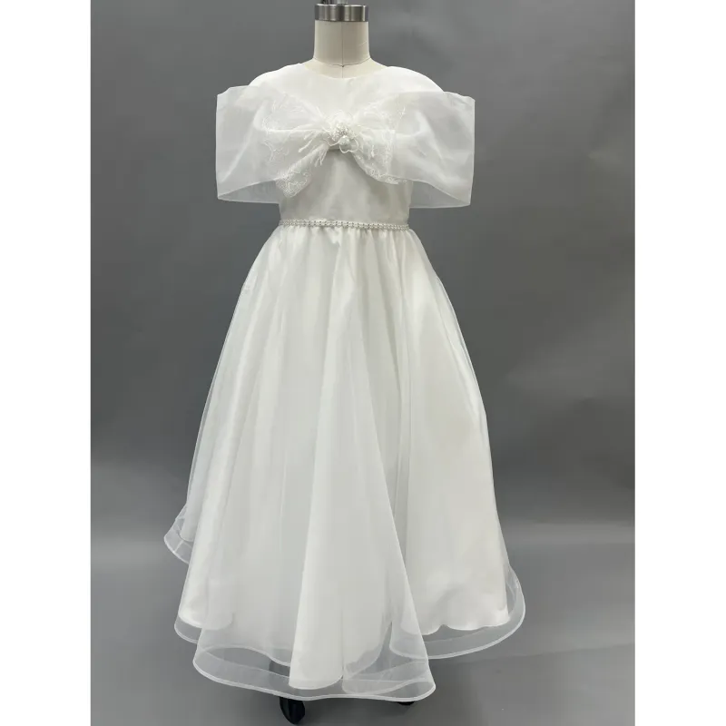 DRESS WHITE ORGANZA CAPELIKE SLEEVE BEADED WAIST LACE BOW / AE01
